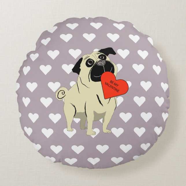 Cojín Redondo Pug be my Valentine (Anverso)