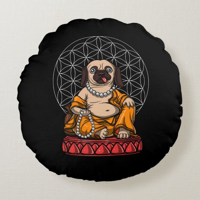 Cojín Redondo Pug Buddha Dog Zen Yoga Meditación Mascota (Anverso)