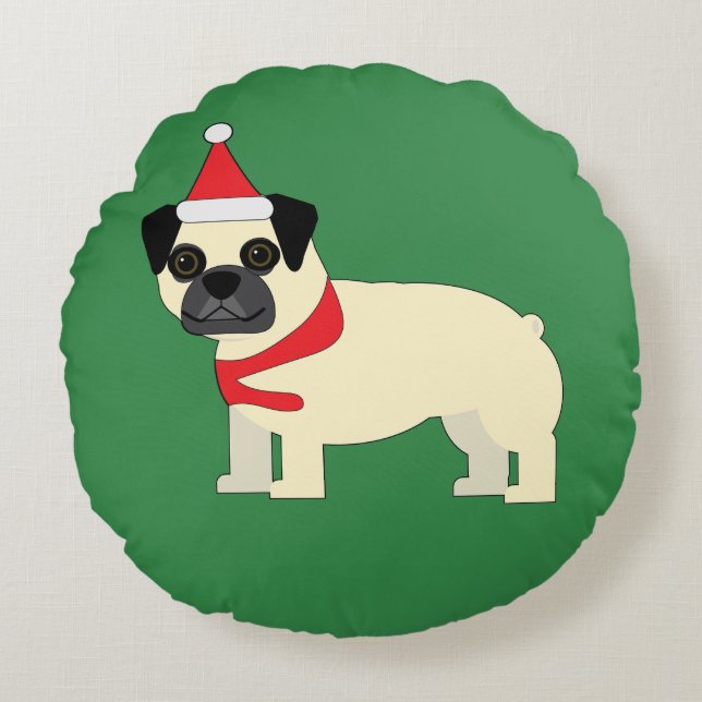 Cojín Redondo Pug de Santa (Anverso)