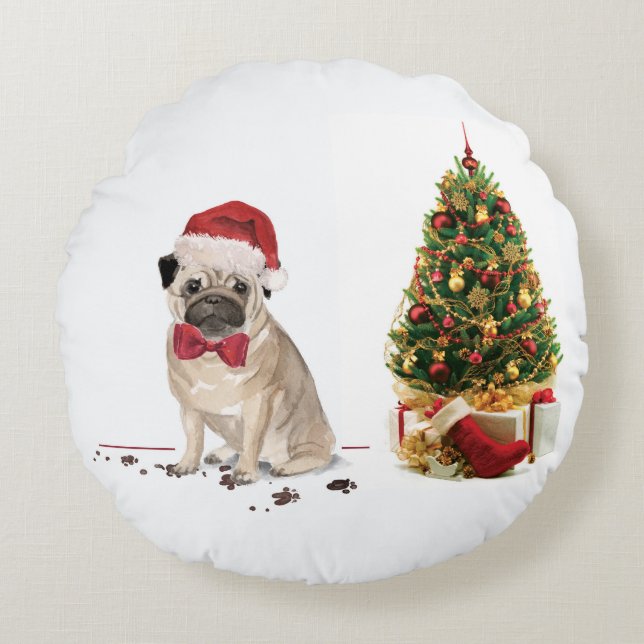 Cojín Redondo Pug graciosos Navidades perro con árbol (Anverso)