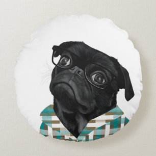Cojín Redondo Pug negro con lentes y camiseta