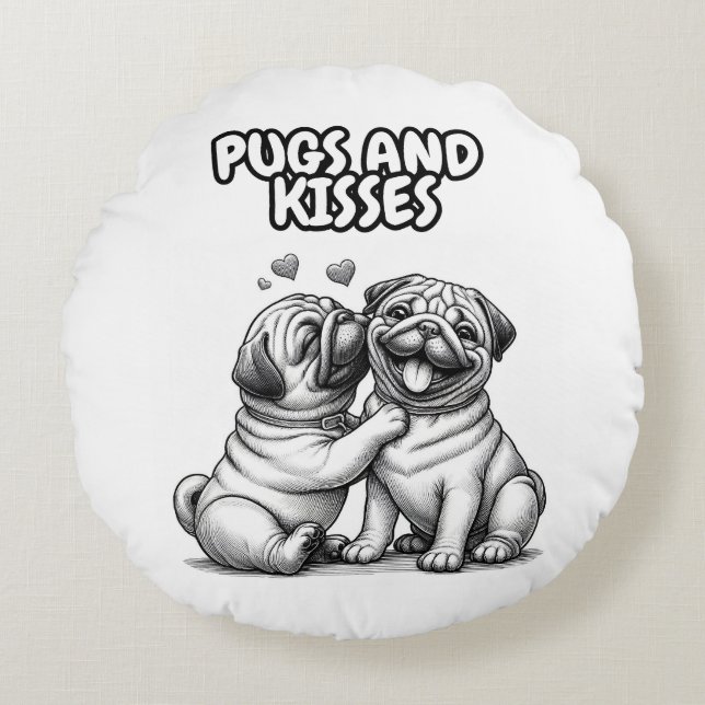 Cojín Redondo Pug Pillow con bichos y besos (Anverso)