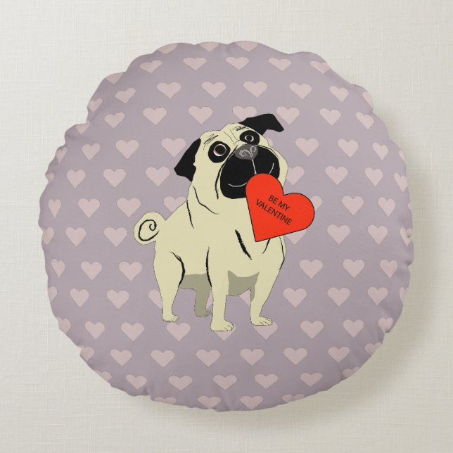 Cojín Redondo Pug sé mi San Valentín (Anverso)