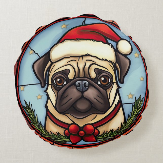 Cojín Redondo Pug Vidrio Pintado Navidad (Reverso)