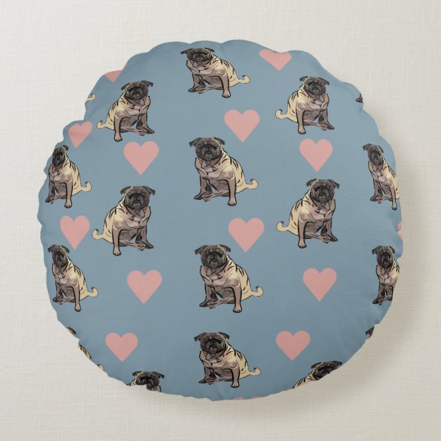 Cojín Redondo Pugs y corazones (Anverso)
