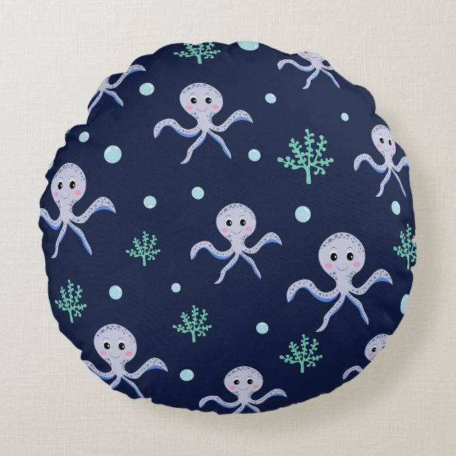 Cojín Redondo Pulpo bajo el mar patrón para niños (Anverso)