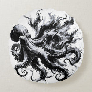 Cojín Redondo Pulpo Kraken de fluido de tinta abstracta