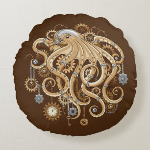 Cojín Redondo Pulpo Steampunk Retro Fantasía Mecánica