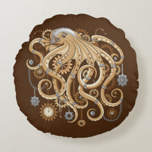 Cojín Redondo Pulpo Steampunk Retro Fantasía Mecánica