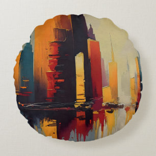 Cojín Redondo Pulso Urbano – Ciudad Abstracta en Ritmo Vertical
