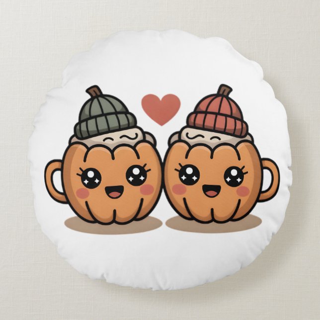 Cojín Redondo Pumpkin Couple Pillow – Cute Cozy Fall Home Décor (Anverso)