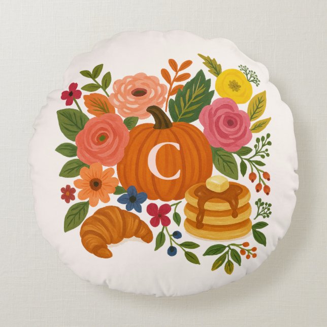 Cojín Redondo Pumpkin Floral Monogram Round Pillow Fall (Anverso)