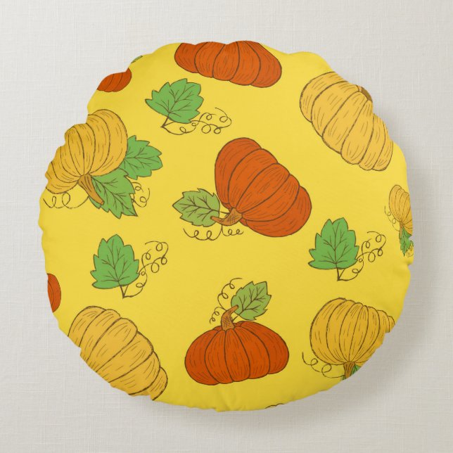 Cojín Redondo Pumpkin seamless pattern. Hand drawn doodle brushe (Anverso)