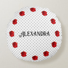 Cojín Redondo Punto de polka floral roja personalizado