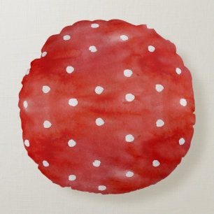 Cojín Redondo Punto de polka rojo, acuarela sin costuras.