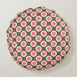 Cojín Redondo Puntos circulares retro, taupe y rosa coral