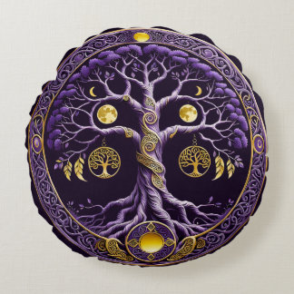 Cojín Redondo Purple and Gold Tree of Life Mandala