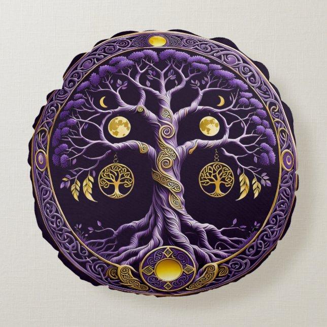 Cojín Redondo Purple and Gold Tree of Life Mandala (Anverso)