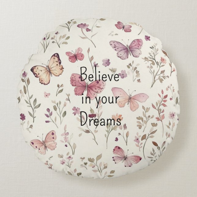 Cojín Redondo Purple Cream Butterflies Floral Believe Dreams (Anverso)