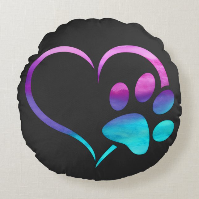 Cojín Redondo Purple Cyan Dog paw Print Heart  (Anverso)