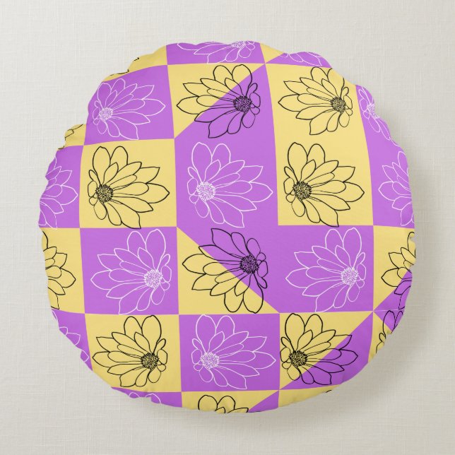 Cojín Redondo Purple gold Flower seamless Checkerboard pattern (Anverso)
