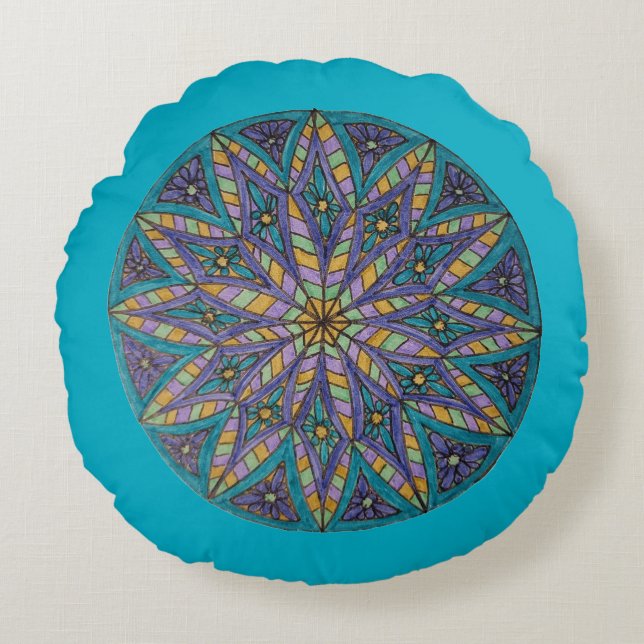 Cojín Redondo Purple/Teal Starburst Mandala Round Throw Pillow (Anverso)