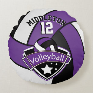 Cojín Redondo Púrpura, blanco y negro personalice el voleibol