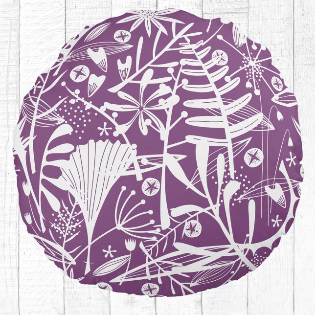Cojín Redondo Púrpura Botánico Floral (Purple and white botanical silhouette round pillow)