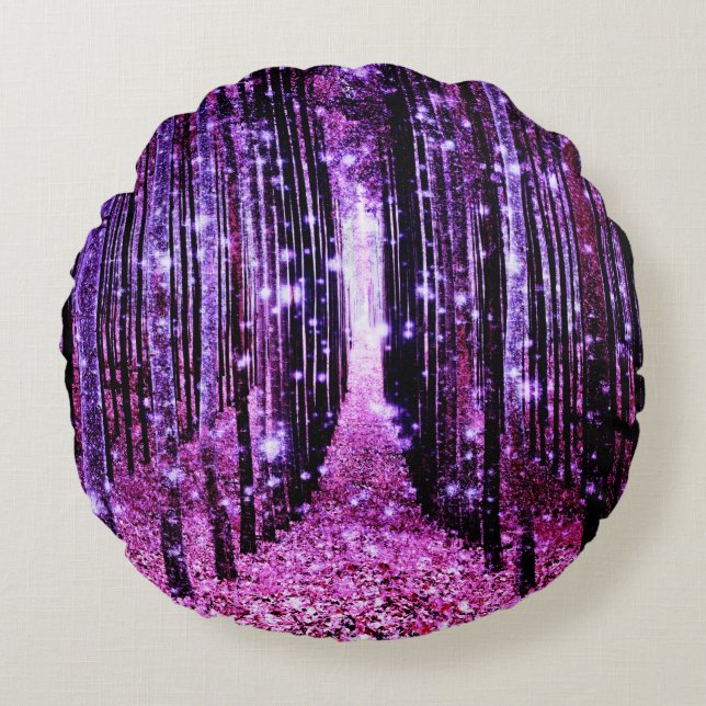Cojín Redondo Púrpura de bosque mágico (Anverso)