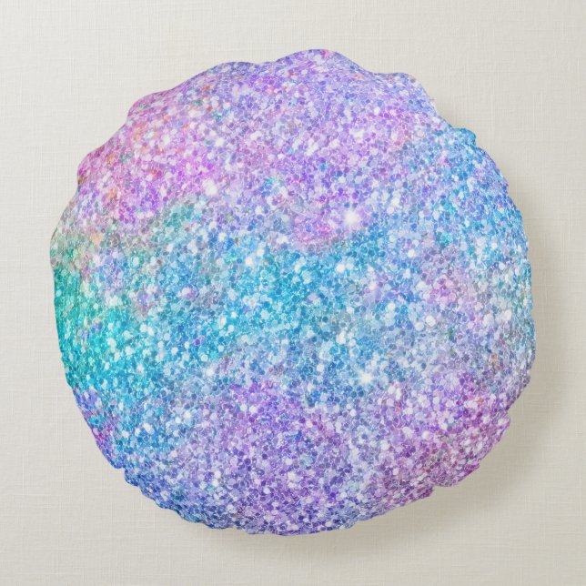 Cojín Redondo Purpurina azul turquesa pastel y morado (Reverso)