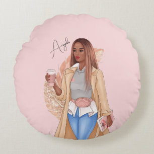 Cojín Redondo Purpurina bohemio Chica Tan Hair Pink