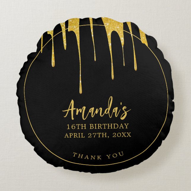 Cojín Redondo Purpurina de oro de lujo gotea dulce 16 cumpleaños (Anverso)