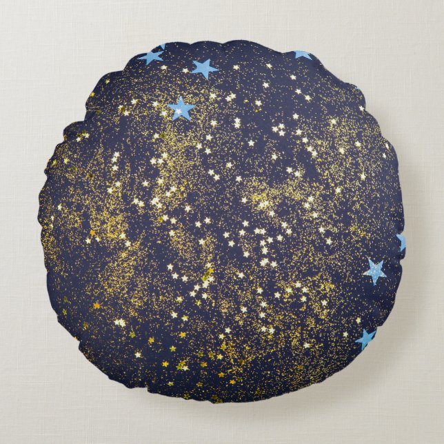 Cojín Redondo Purpurina de oro y estrellas azules brillantes en  (Anverso)