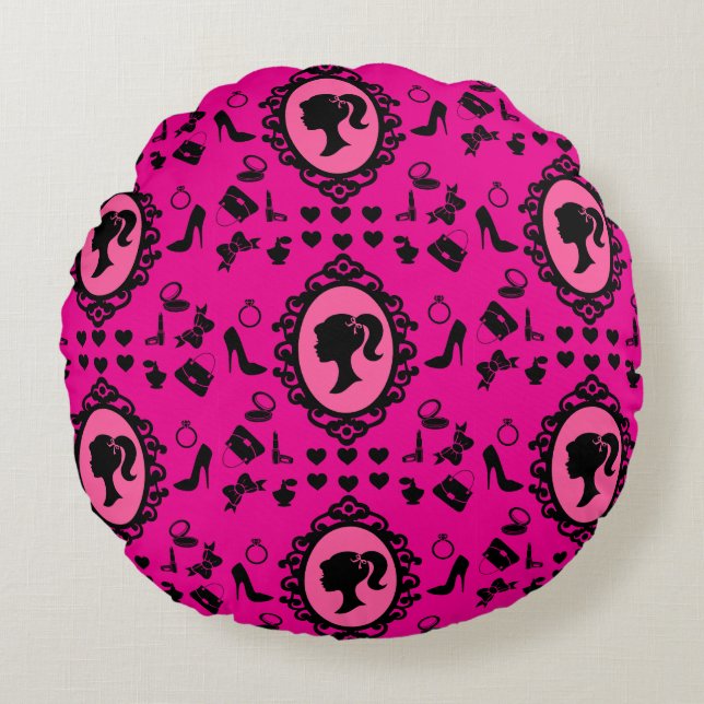 Cojín Redondo Purpurina Doll Birthday Pink Glam Fashion (Anverso)