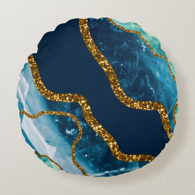 Cojín Redondo Purpurina Geode de la Agate Azul y Oro (Anverso)