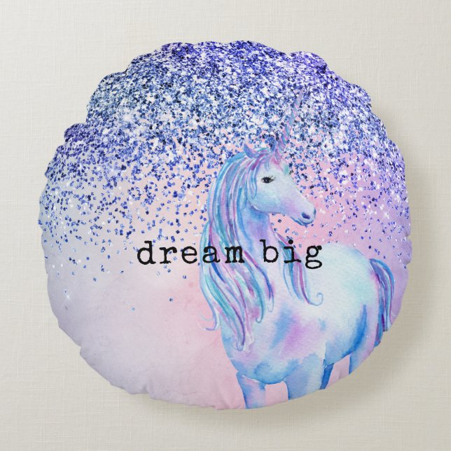 Cojín Redondo Purpurina Unicorn Azul Púrpura (Anverso)