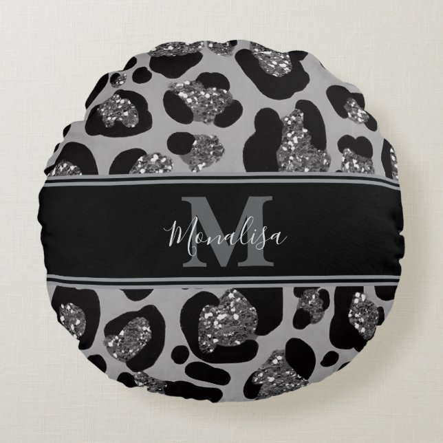 Cojín Redondo purpurinoso negro y plateado monogramado personali (Anverso)
