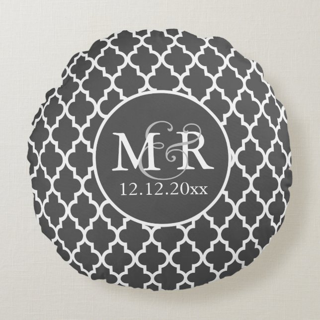 Cojín Redondo Quatrefoil Boda monogramado Gris y blanco V2 (Anverso)