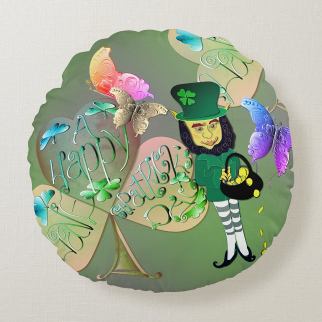 Cojín Redondo "¡Que tengas un feliz Día de San Patricio!" Leprec (Anverso)