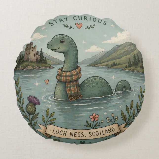 Cojín Redondo Quédate Curioso Acogedor Críptido Nessie Monstruo  (Anverso)