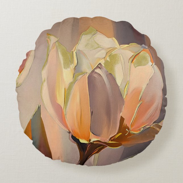 Cojín Redondo Quiet Bloom – Abstract Tulips In Soft Gold (Anverso)