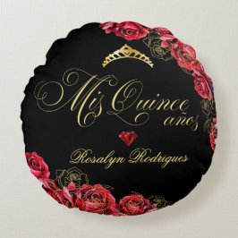 Cojín Redondo Quinceanera negra y roja Princesa tiara
