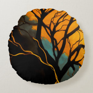 Cojín Redondo Raíces Doradas y Árbol del Crepúsculo
