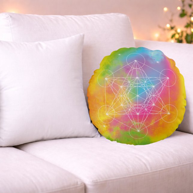 Cojín Redondo Rainbow Energy – Metatron’s Cube Sacred Geometry (Subido por el creador)