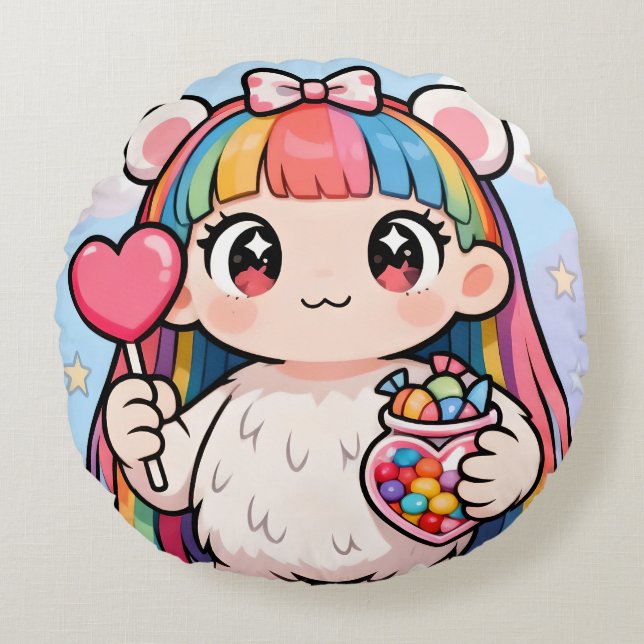 Cojín Redondo Rainbow Kawaii Bear Round Cushion (Anverso)