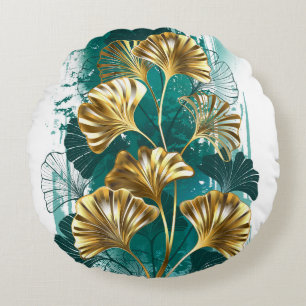Cojín Redondo Rama con hojas doradas Ginko Biloba