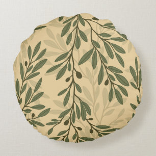 Cojín Redondo Rama de Olivo Verde Patrón Mediterráneo