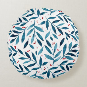 Cojín Redondo Ramas de acuarela de bonito - turquesa y roja