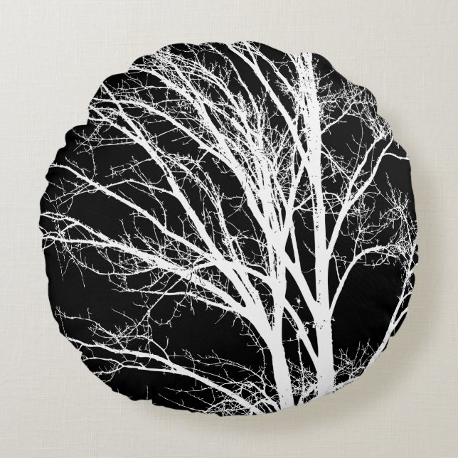 Cojín Redondo Ramas de árbol blanco y negro (Anverso)