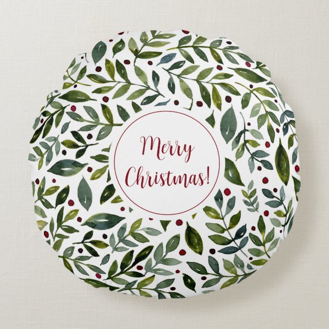 Cojín Redondo Ramas y bayas estacionales de las acuarelas verdes (Anverso)